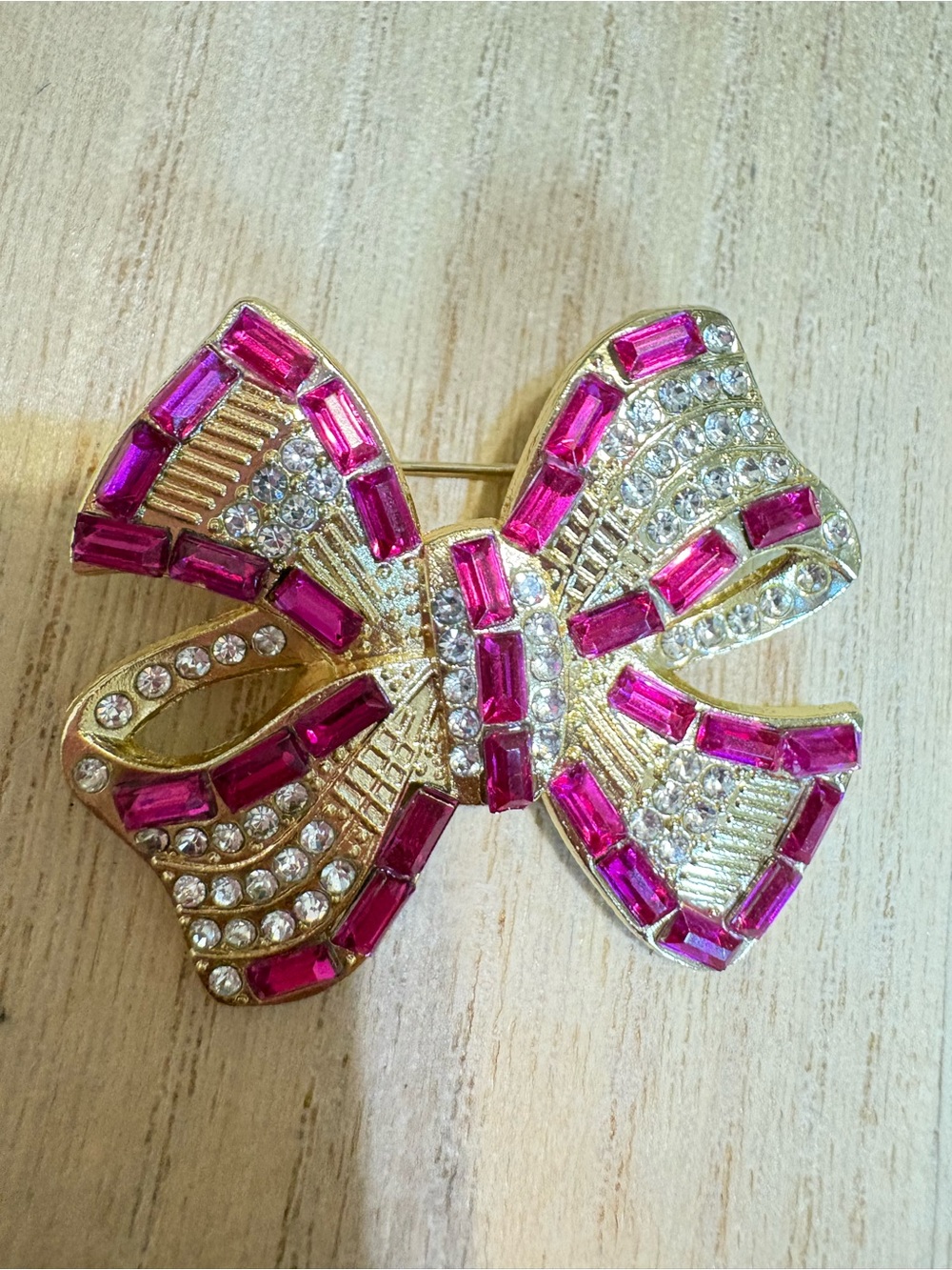 Gold Bow Brooch with Pink and Clear Crystals - Women Jewelry